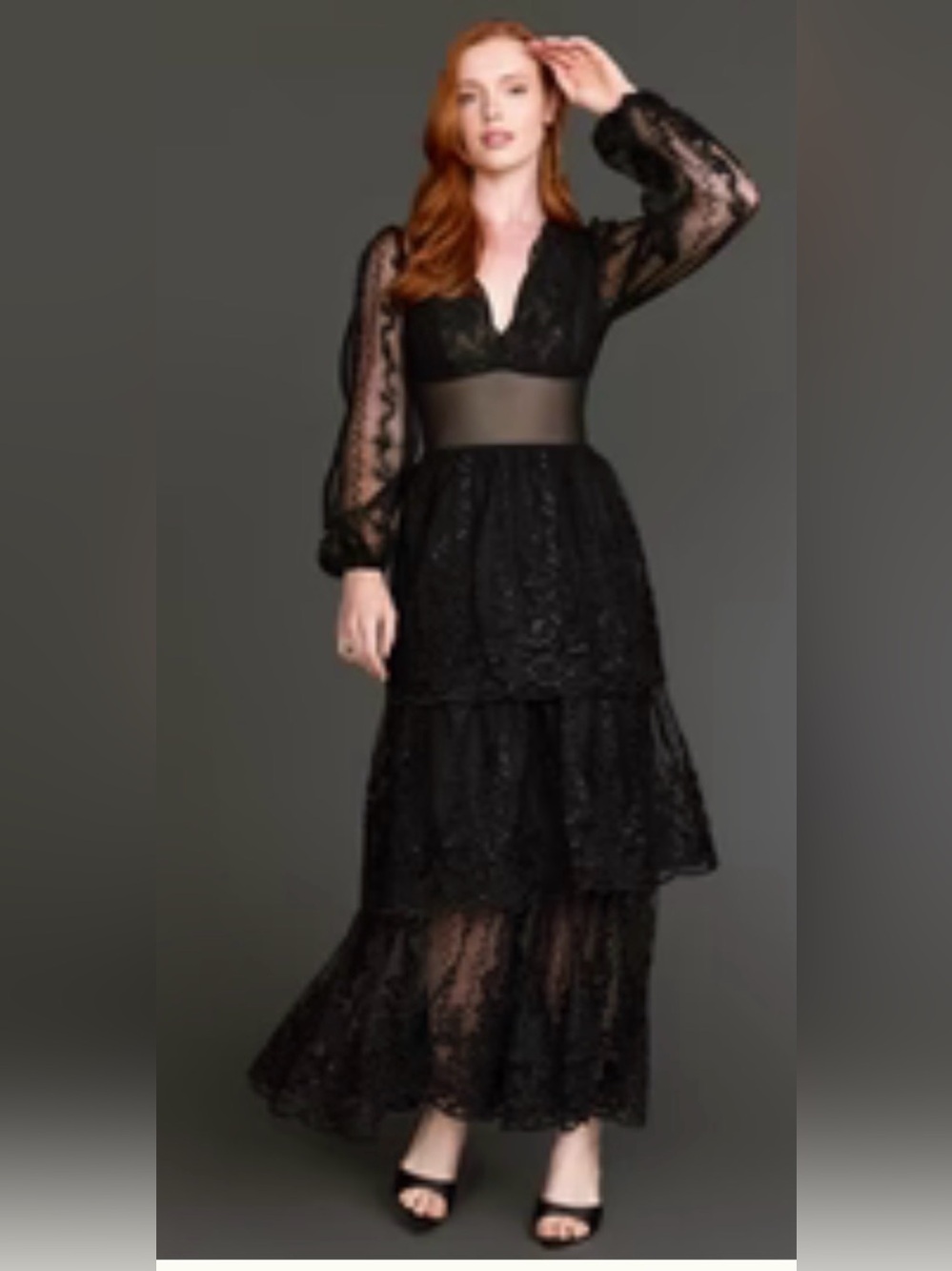 New York & Company Black Lace Tiered Maxi Dress with Sheer Waist